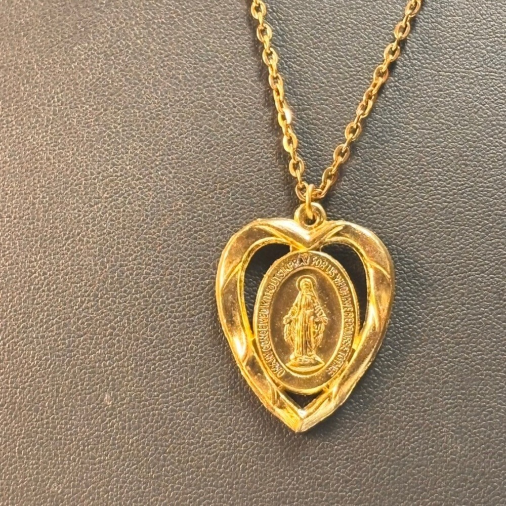 Vintage Miraculous Medal Heart Necklace Gold Tone Religious Catholic Statement